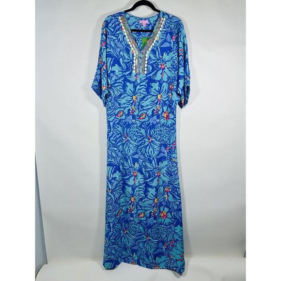 NWT Rare Lilly Pulitzer Wilda Maxi Caftan Iris Blue Mai Tai Size XS Missing Belt - Picture 4 of 11